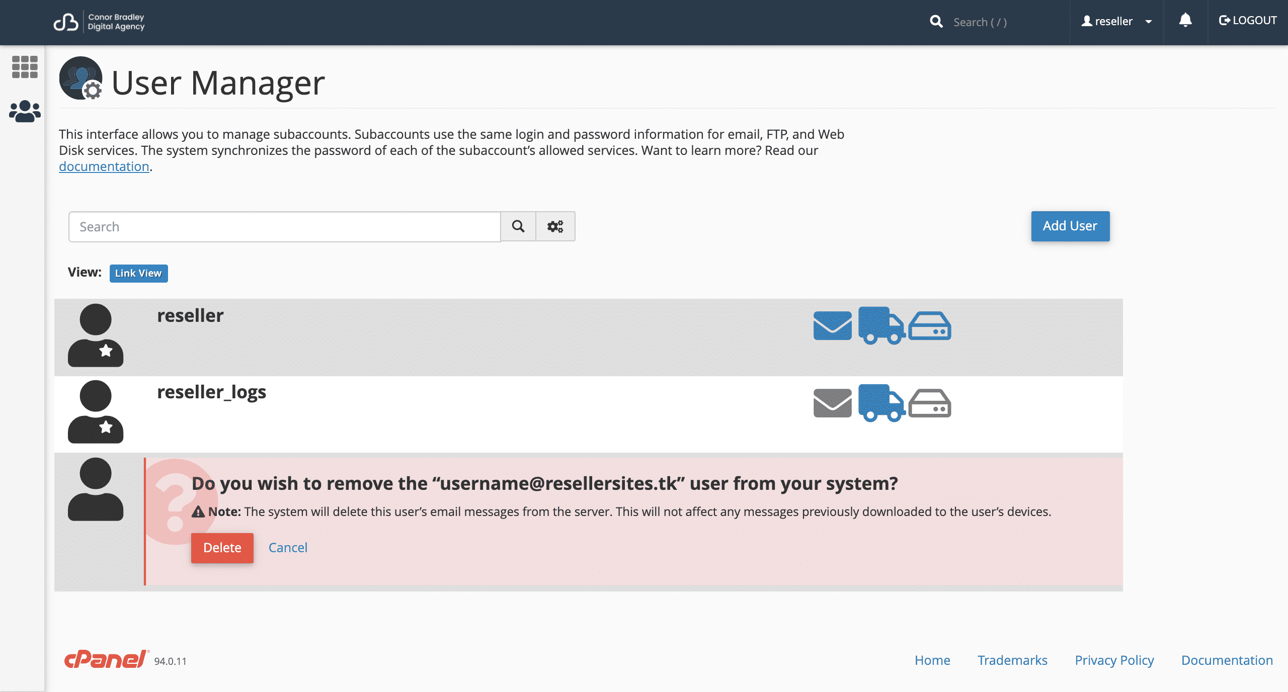 selecting the user and deleting it in cPanel user manager conor bradley digital agency