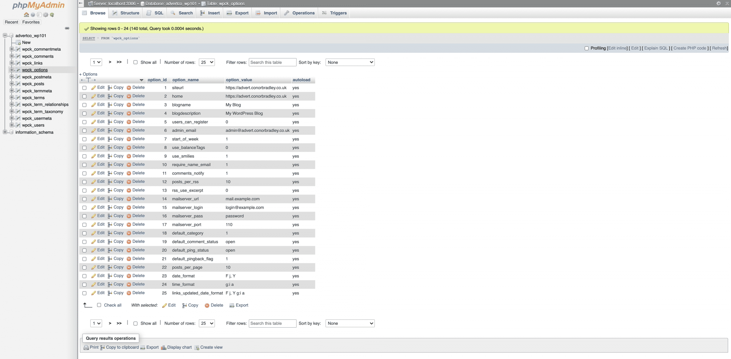selecting the wordpress options table in PHPMyAdmin Conor Bradley Digital Agency