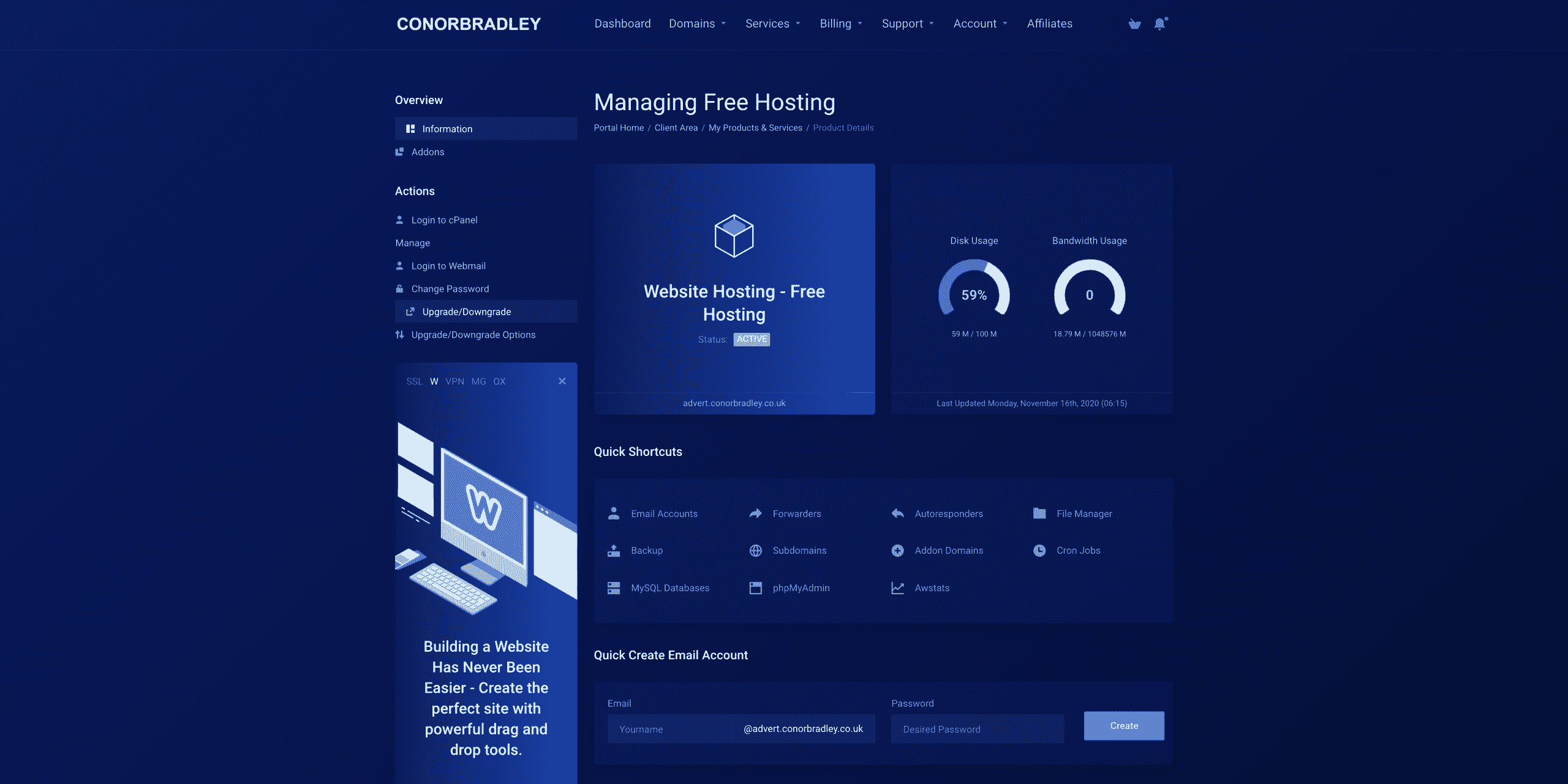 selecting upgradedowngrade in the left hand menu on manage services Conor Bradley Digital Agency