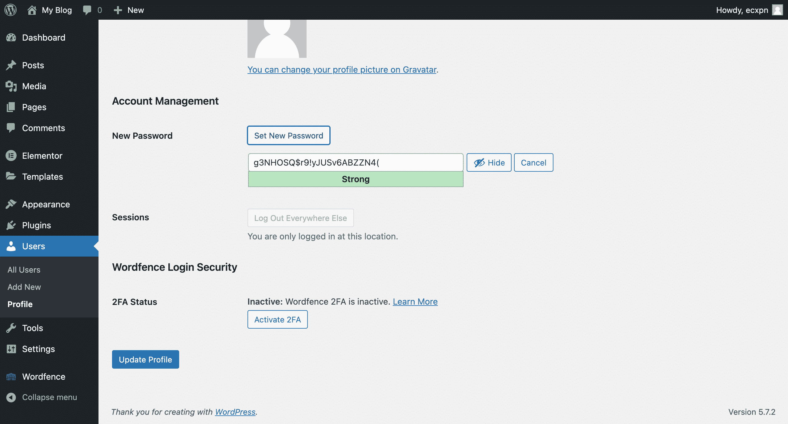 set a new wordpress password then pressing update profile conor bradley digital agency sheffield