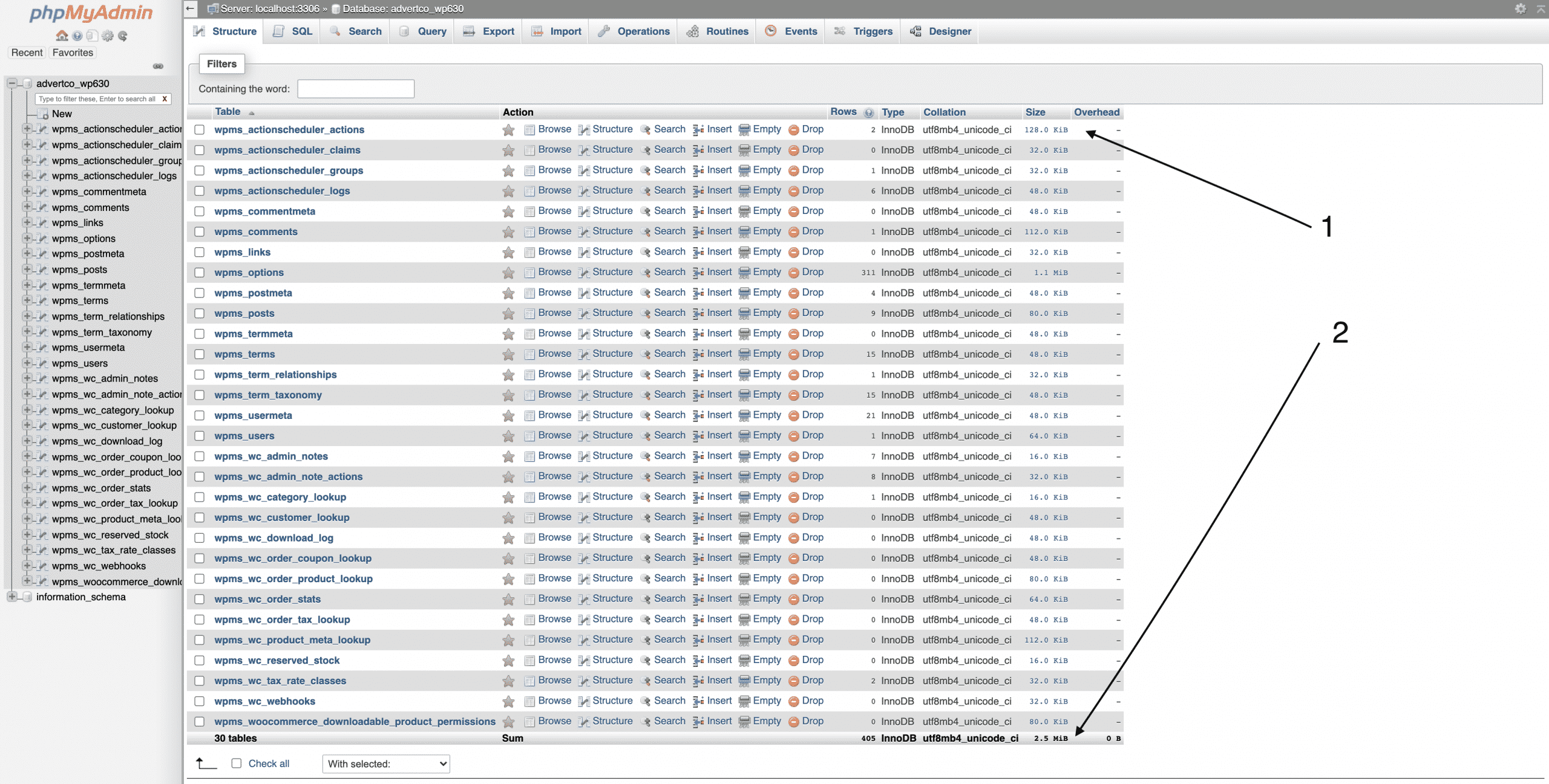 showing database sizes and the total database size in PHPMyAdmin Conor Bradley Digital Agency