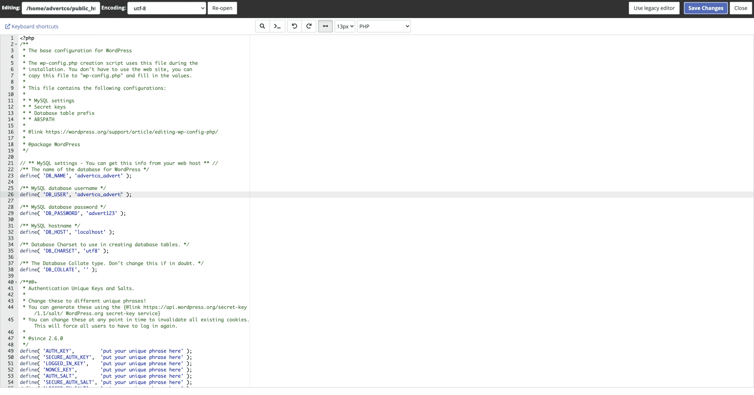 showing the wp config sample.php after adding the database name username and password Conor Bradley Digital Agency