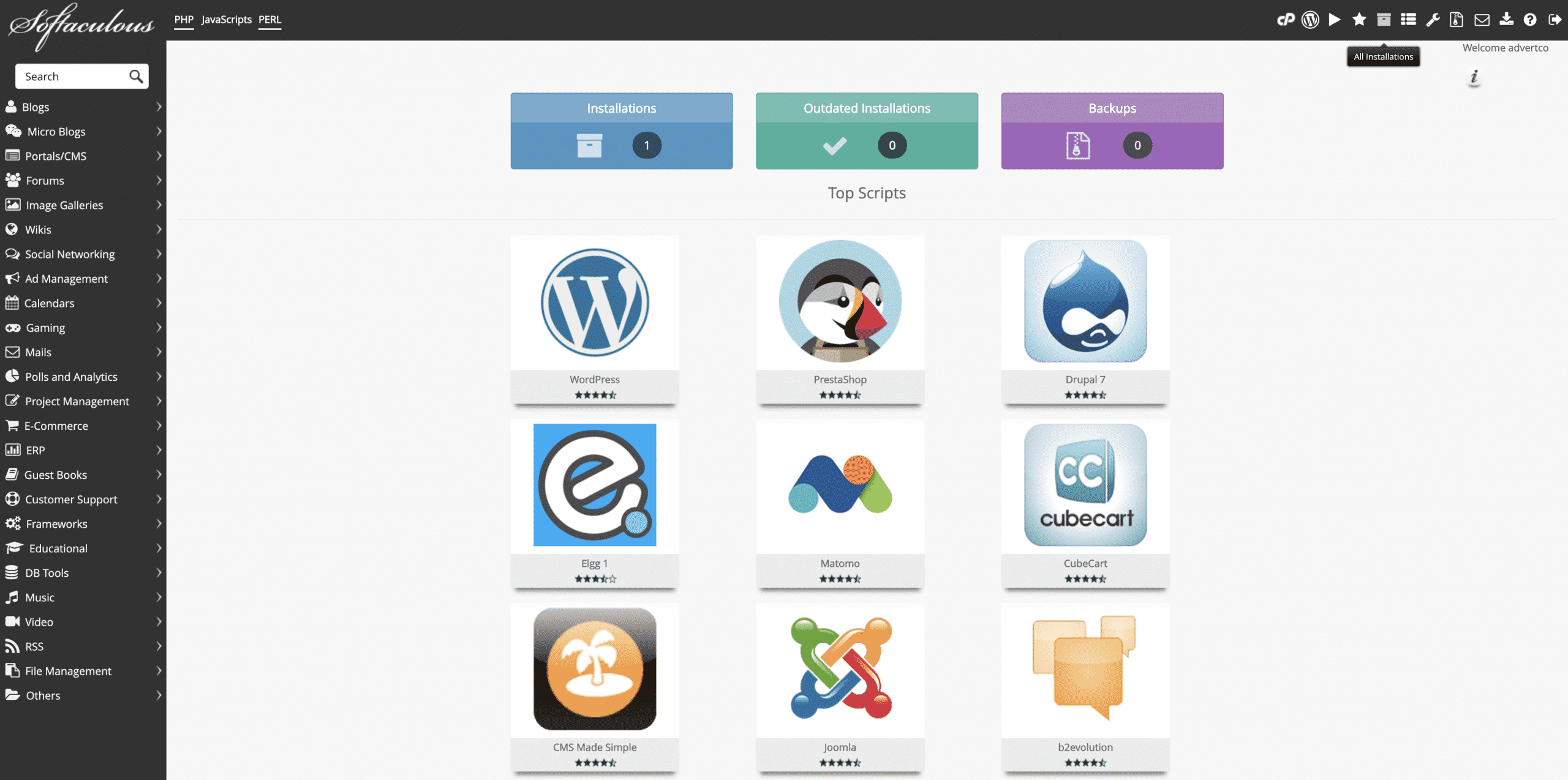 softaculous app installer dashboard then clicking on all installations in the top right Conor Bradley Digital Agency
