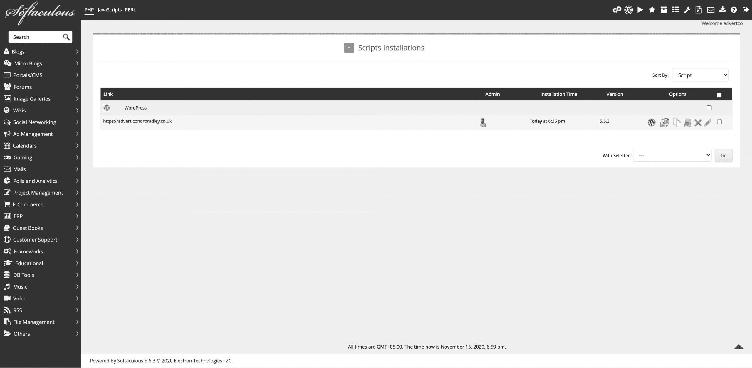 softaculous wordpress script installation Clicking the admin person for 1 click login Conor Bradley Digital Agency