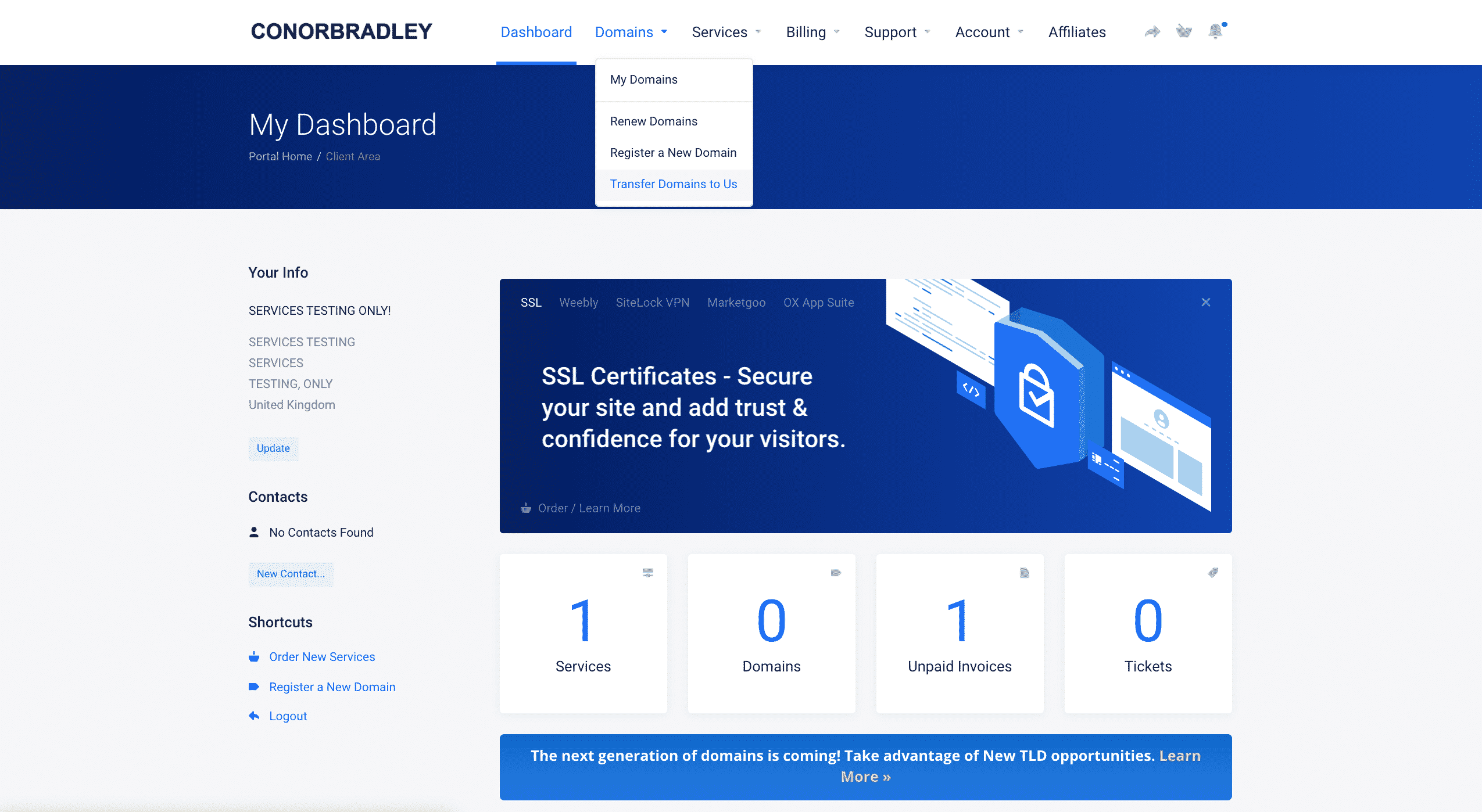 transfer a domain to us menu on dashboard conor bradley digital agency