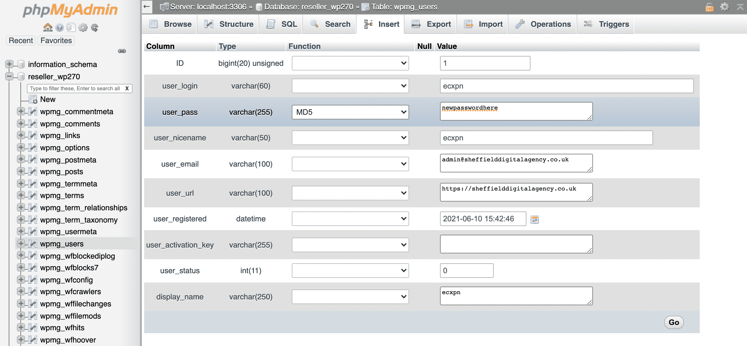 typing in a new password and selecting md5 in phpMyAdmin conor bradley digital agency