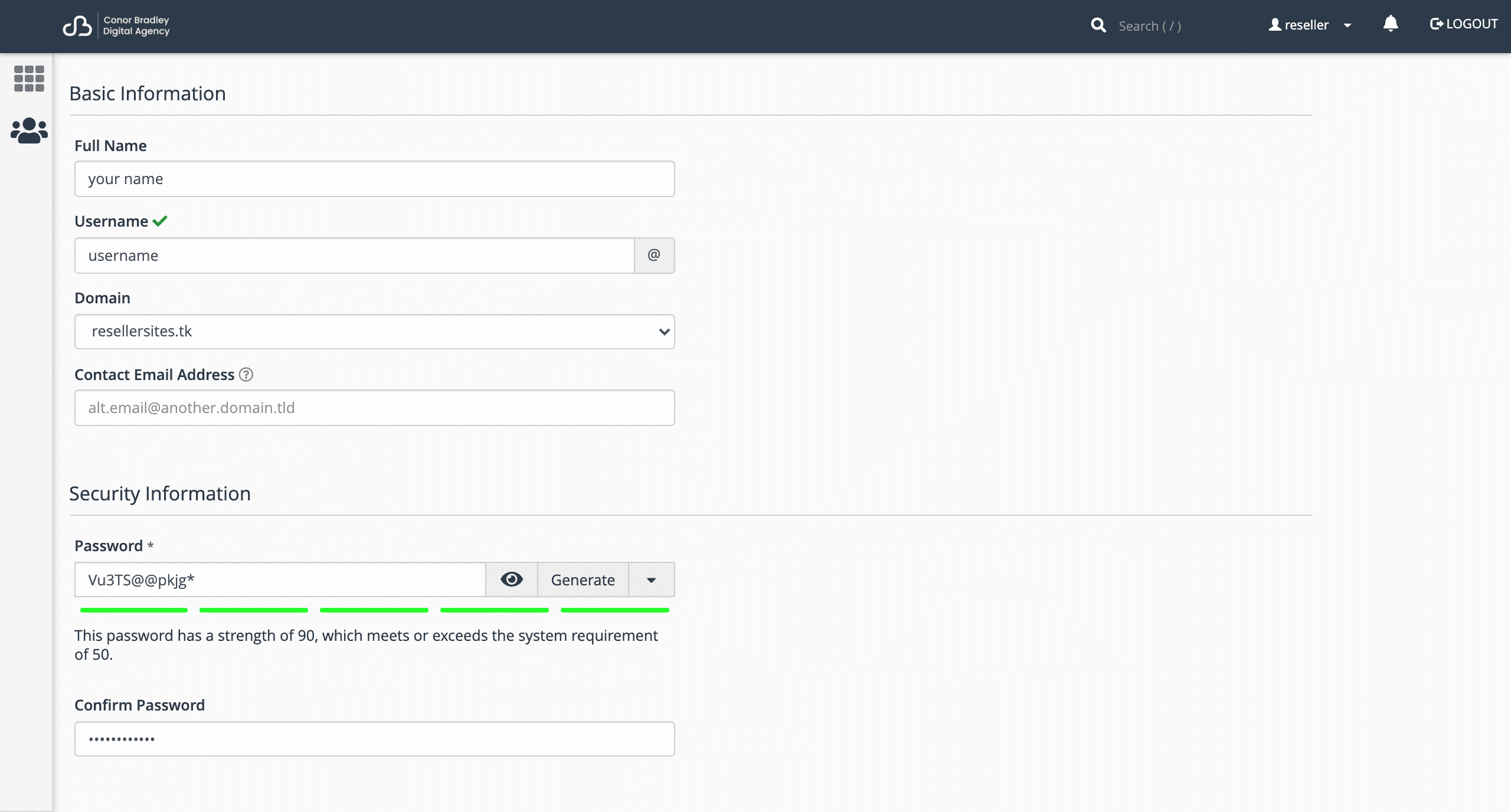 typing in the basic and security information on user manager in cPanel conor bradley digital agency