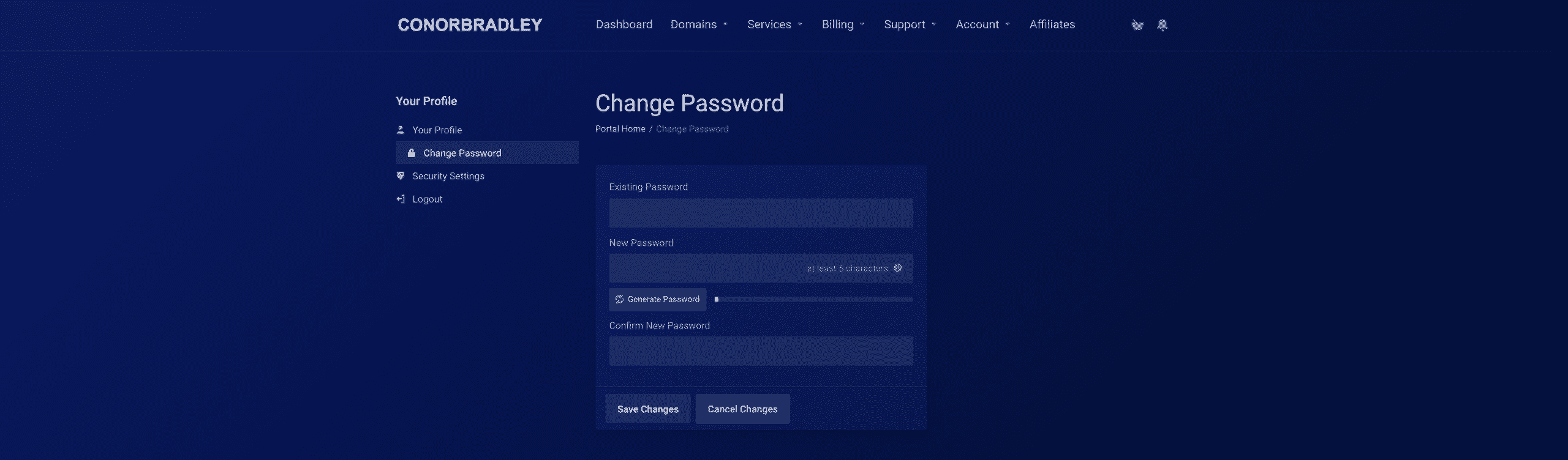 typing in the correct password then the new password in the change password screen Conor Bradley Digital Agency