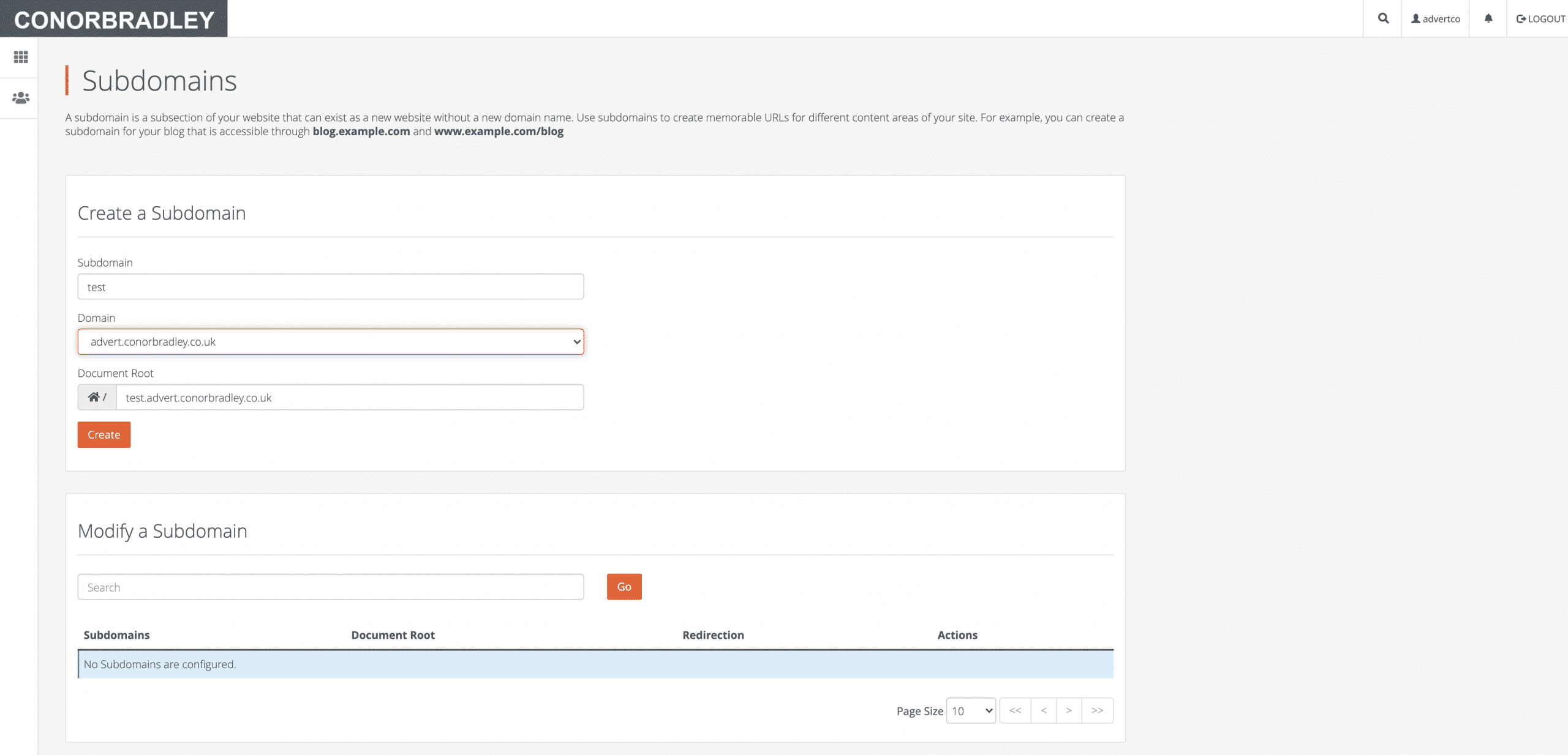 typing in the name for the subdomain im wanting to create then pressing create Conor Bradley Digital Agency