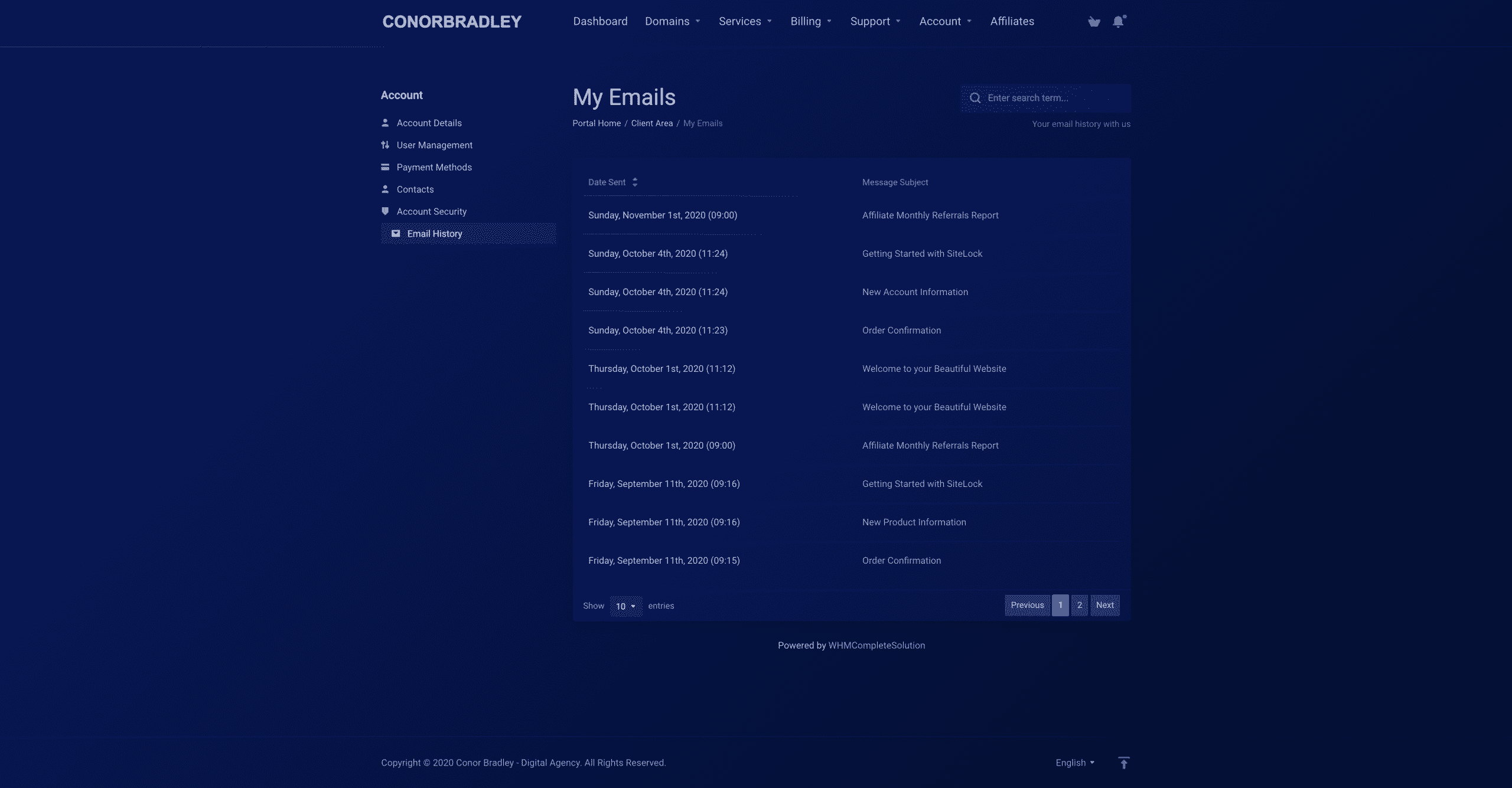 viewing all the emails recived in the my emails section conor bradley digital agency