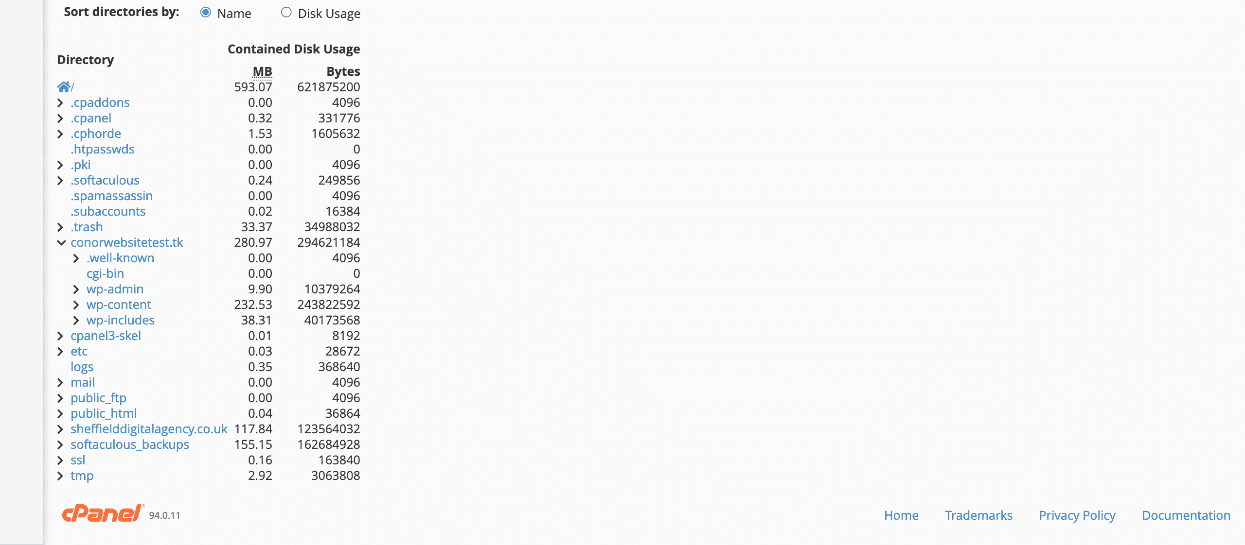 web disk usage expanded directories screenshot in cPanel conor bradley digital agency
