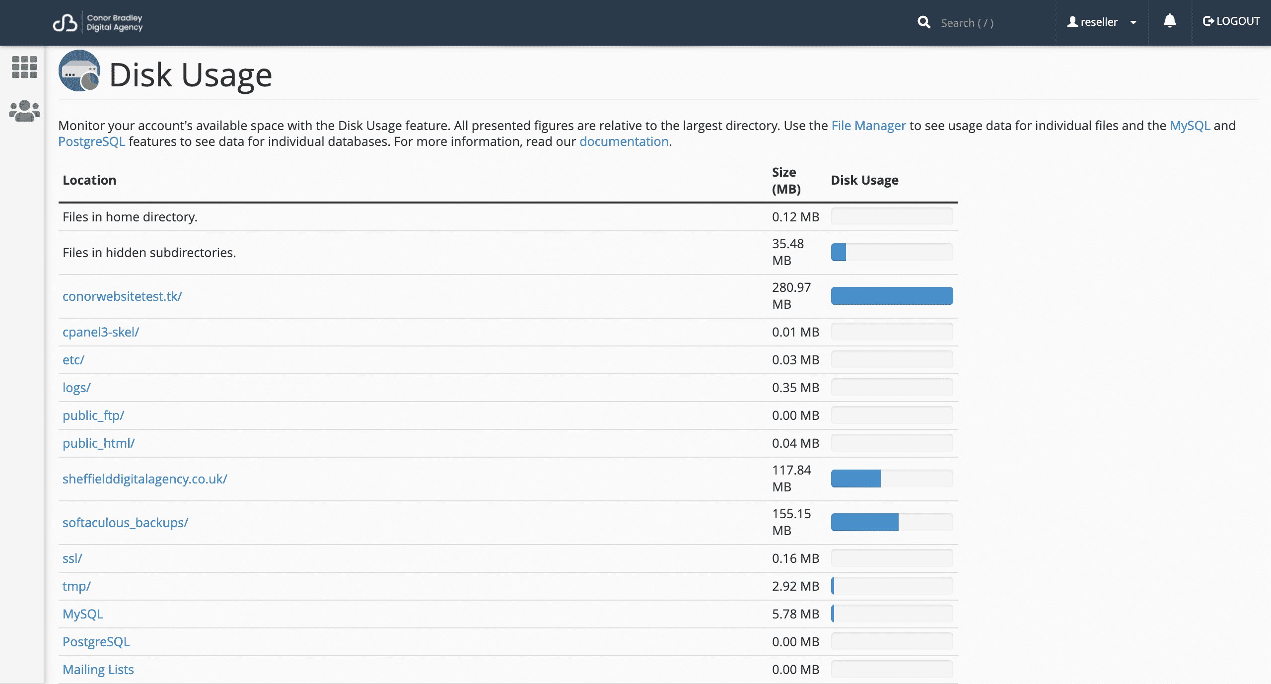 web disk usage graph screenshot in cPanel conor bradley digital agency