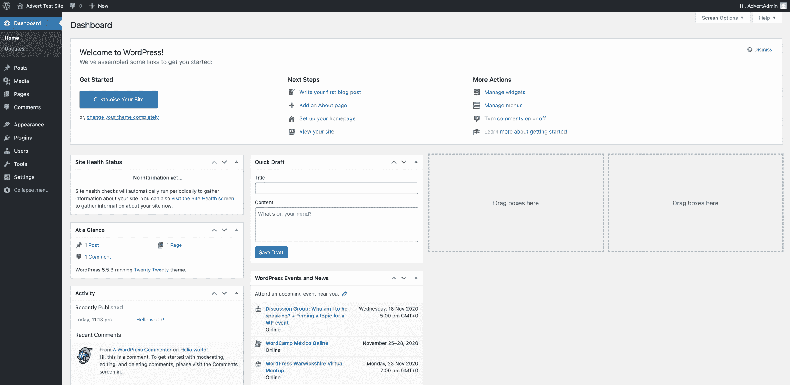 wordpress dashboard after a fresh installation Conor Bradley Digital Agency