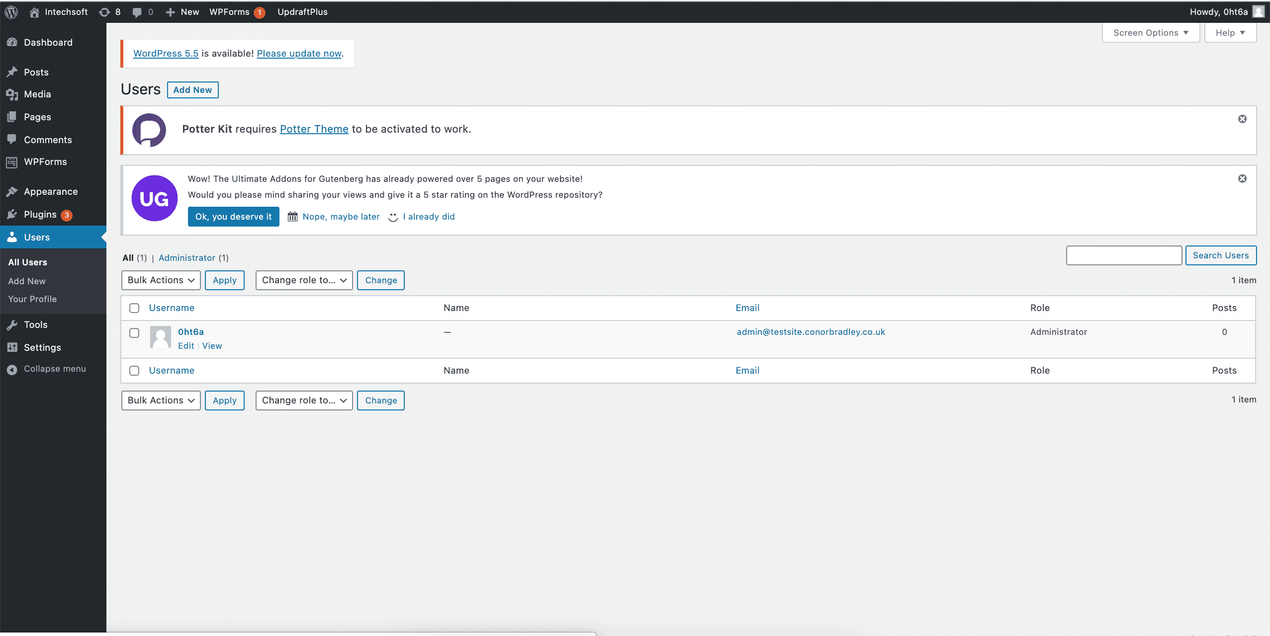 wordpress users control panel